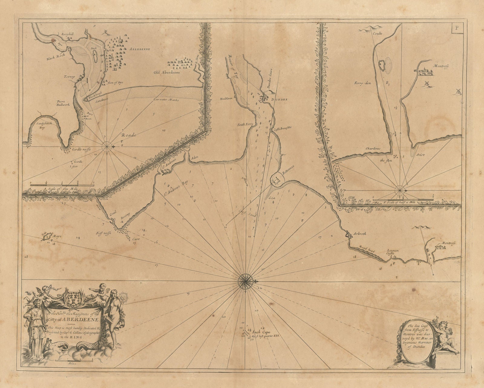 Approaches to ABERDEEN, DUNDEE & MONTROSE sea chart. Tay. COLLINS 1693 old map